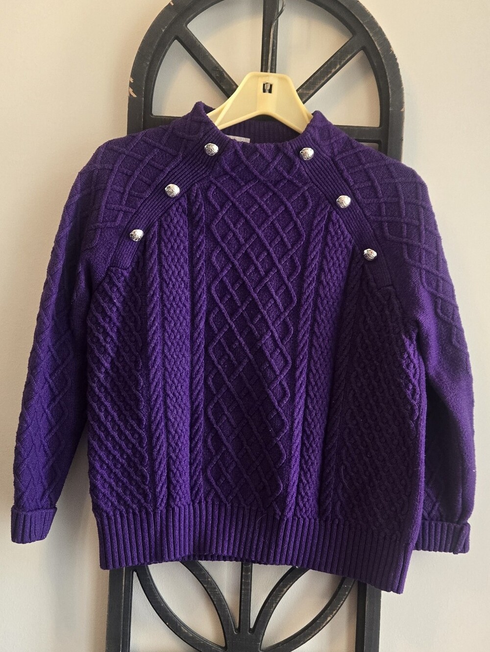 Talbots Petite PM Purple Cable-Knit Crewneck Button Shoulder Pullover Sweater